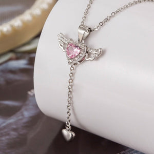 Dainty CZ Heart Angel Wing Pendant Necklace - Perimade & Co.