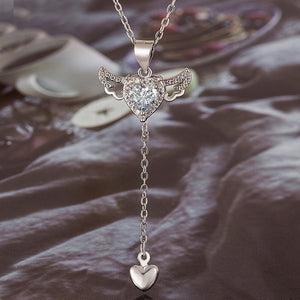 Dainty CZ Heart Angel Wing Pendant Necklace - Perimade & Co.