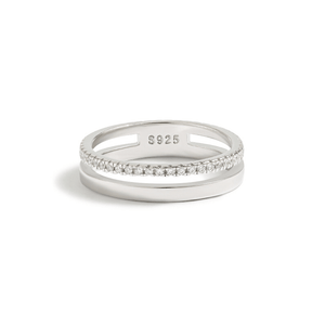 Silver ring with small diamonds on a white background
