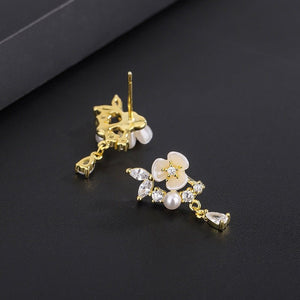 Dainty Floral Pearl Pear CZ Drop Stud Earrings - Perimade & Co.