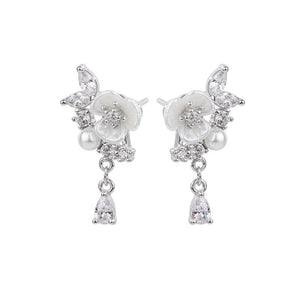Dainty Floral Pearl Pear CZ Drop Stud Earrings - Perimade & Co.