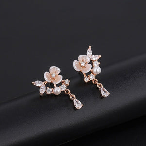 Dainty Floral Pearl Pear CZ Drop Stud Earrings - Perimade & Co.