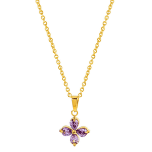 Gold necklace with a purple flower pendant on a white background