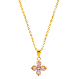 Gold necklace with a pink butterfly pendant on a white background