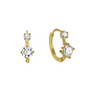 Gold hoop earrings with clear gemstones on a white background