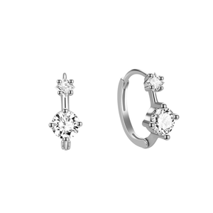 A pair of gold-plated huggie hoop earrings with zircon stones set in a mount, displayed against a white background.