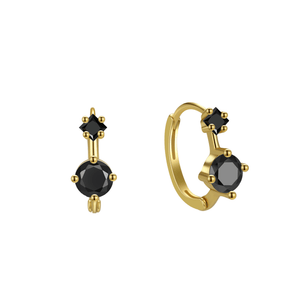 A pair of gold-plated huggie hoop earrings with zircon stones set in a mount, displayed against a white background.