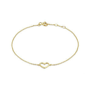 A gold-plated sterling silver bracelet with a heart charm, displayed on a person's wrist.