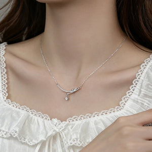 Dainty Knot Curved Bar Pave Charm Necklace - Perimade & Co.