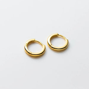 Pair of gold hoop earrings on a light gray background