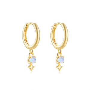 Gold hoop earrings with opal stones on a white background