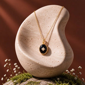 Dainty Oval Black Onyx Floral Charm Necklace - Perimade & Co.