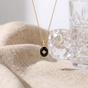 Dainty Oval Black Onyx Floral Charm Necklace - Perimade & Co.