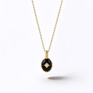 Dainty Oval Black Onyx Floral Charm Necklace - Perimade & Co.