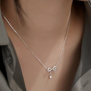 Dainty Pave Bowknot Ribbon Charm Necklace - Perimade & Co.
