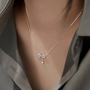 Dainty Pave Bowknot Ribbon Charm Necklace - Perimade & Co.