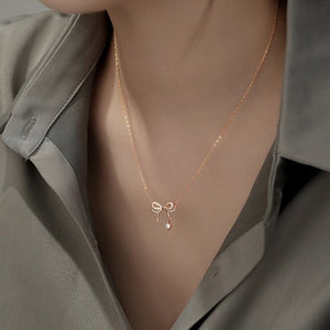 Dainty Pave Bowknot Ribbon Charm Necklace - Perimade & Co.
