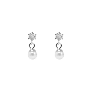 Pair of pearl and diamond earrings on a white background