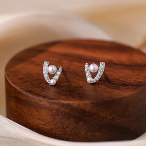 Dainty Pearl V-Shaped Pave CZ Stud Earrings - Perimade & Co.
