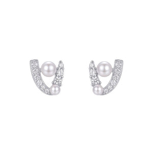 Dainty Pearl V-Shaped Pave CZ Stud Earrings - Perimade & Co.