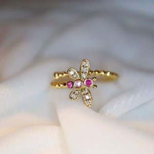 Dainty Pink Dragonfly Beaded Adjustable Ring - Perimade & Co.