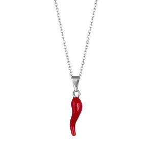 Red chili pepper pendant on a silver chain against a white background