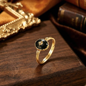 Dainty Royal Oval Black Onyx Floral Open Ring - Perimade & Co.