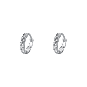 Pair of silver hoop earrings with small diamonds on a white background