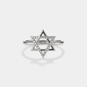 Silver ring with star design on a white background