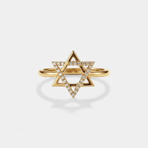 Gold ring with Star of David design on a light gray background