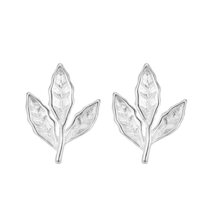 Silver leaf-shaped earrings on a white background