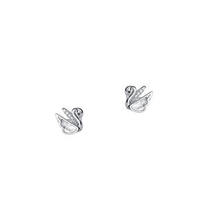 Pair of silver swan-shaped earrings on a white background