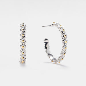Silver hoop earrings with gold accents on a white background