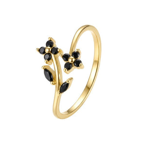 Dual Black CZ Floral Leaf Stackable Open Ring - Perimade & Co.
