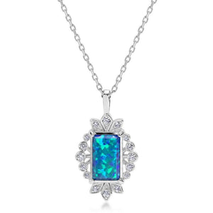 Emerald Blue Opal Halo CZ Pendant Necklace - Perimade & Co.