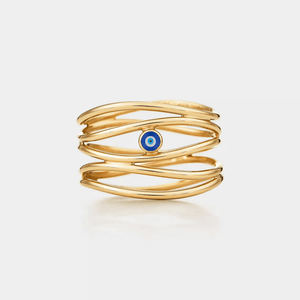 A gold-plated sterling silver ring with a central blue enamel evil eye surrounded by five interwoven bands.