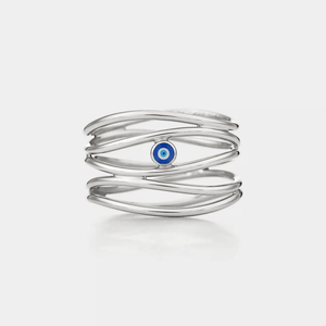 A white gold-plated sterling silver ring with a central blue enamel evil eye surrounded by five interwoven bands.