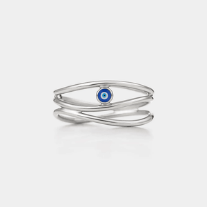 A white gold-plated sterling silver three-row ring with a central blue enamel evil eye design.