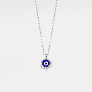 Necklace with a blue evil eye pendant on a white background