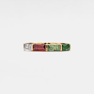 A gold-plated sterling silver band ring with multiple colored gemstone accents, arranged in a stacking style.