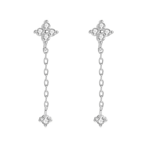 Pair of silver earrings with star-shaped tops and chain drops on a white background