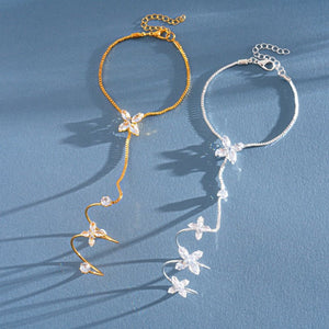 Four-Petal Flower CZ Hand Chain Ring Bracelet - Perimade & Co.