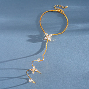Four-Petal Flower CZ Hand Chain Ring Bracelet - Perimade & Co.