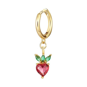 A selection of small hoop earrings with fruit-shaped dangle drops, each in different colors, displayed against a white background.