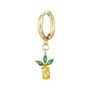 A selection of small hoop earrings with fruit-shaped dangle drops, each in different colors, displayed against a white background.