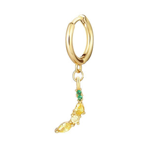 A selection of small hoop earrings with fruit-shaped dangle drops, each in different colors, displayed against a white background.