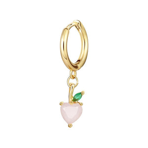 A selection of small hoop earrings with fruit-shaped dangle drops, each in different colors, displayed against a white background.