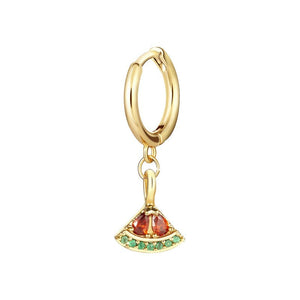 A selection of small hoop earrings with fruit-shaped dangle drops, each in different colors, displayed against a white background.