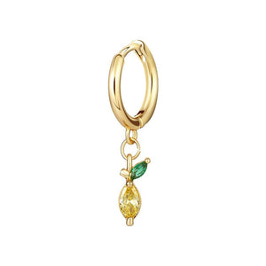 A selection of small hoop earrings with fruit-shaped dangle drops, each in different colors, displayed against a white background.