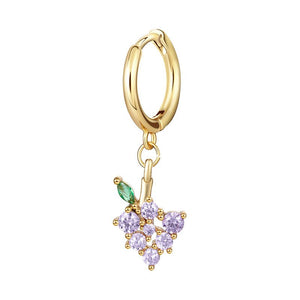 A selection of small hoop earrings with fruit-shaped dangle drops, each in different colors, displayed against a white background.